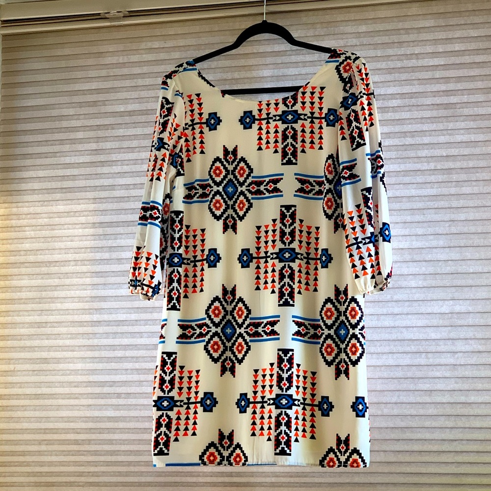 Hello Miss mini dress, orange boho southwestern print, zipper detail, size M